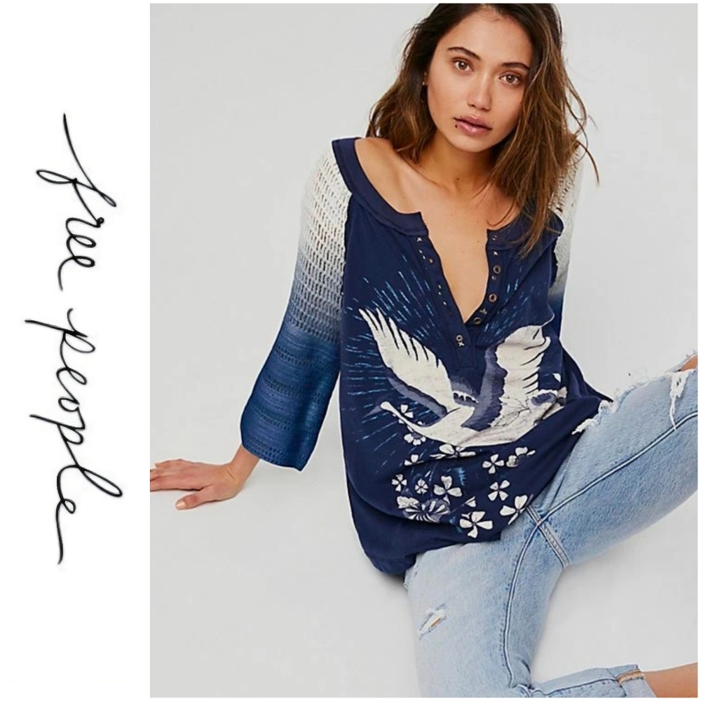Free People Tranquility Graphic Crochet Sleeve Top